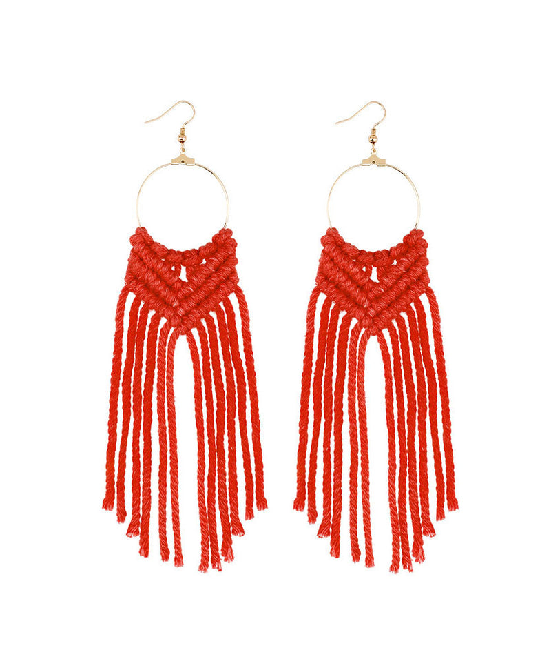 White Overgild Hand Knitting Cotton Thread Tassel Drop Earrings