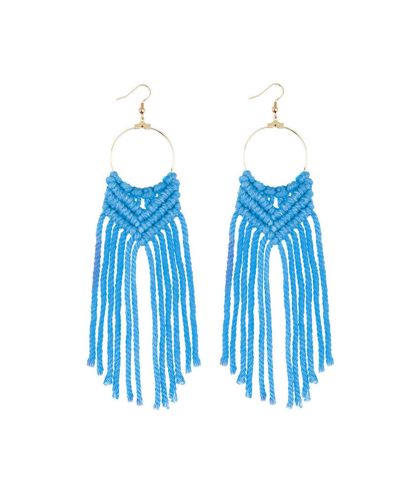 White Overgild Hand Knitting Cotton Thread Tassel Drop Earrings