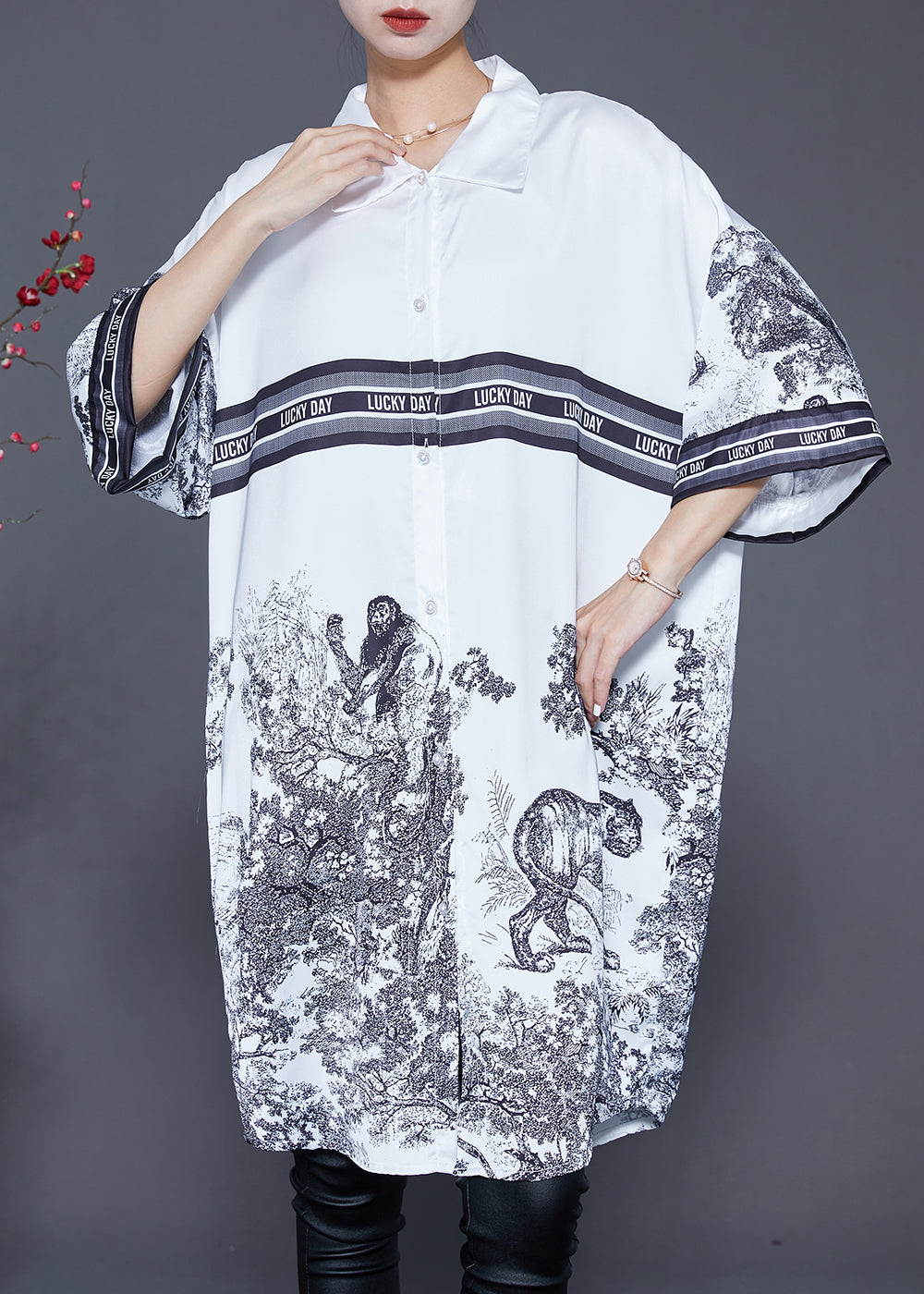 White Oversized Print Ice Silk Shirt Dress Summer