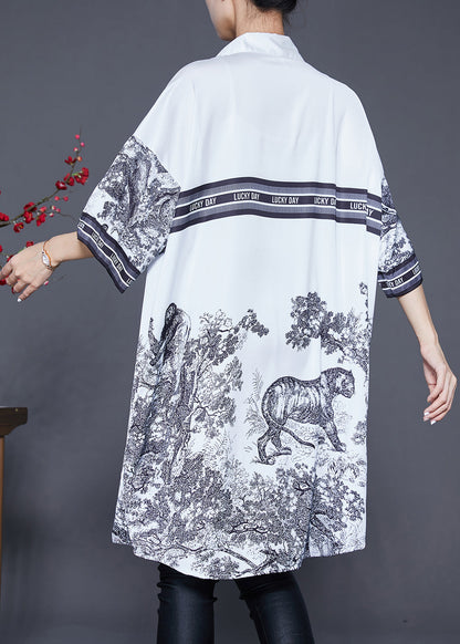 White Oversized Print Ice Silk Shirt Dress Summer