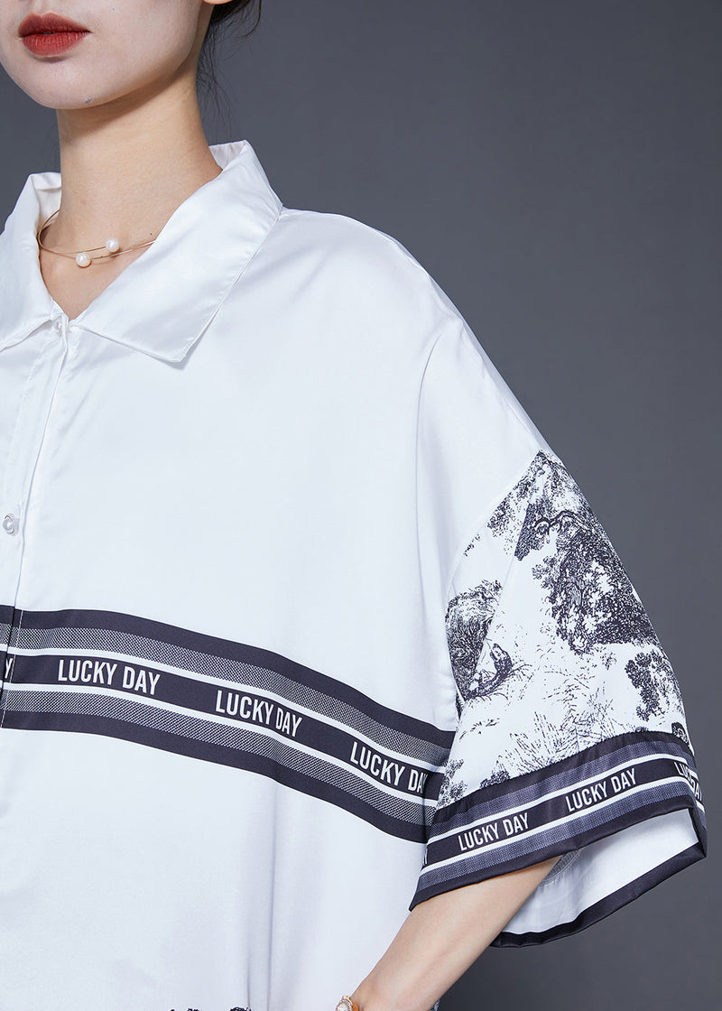 White Oversized Print Ice Silk Shirt Dress Summer