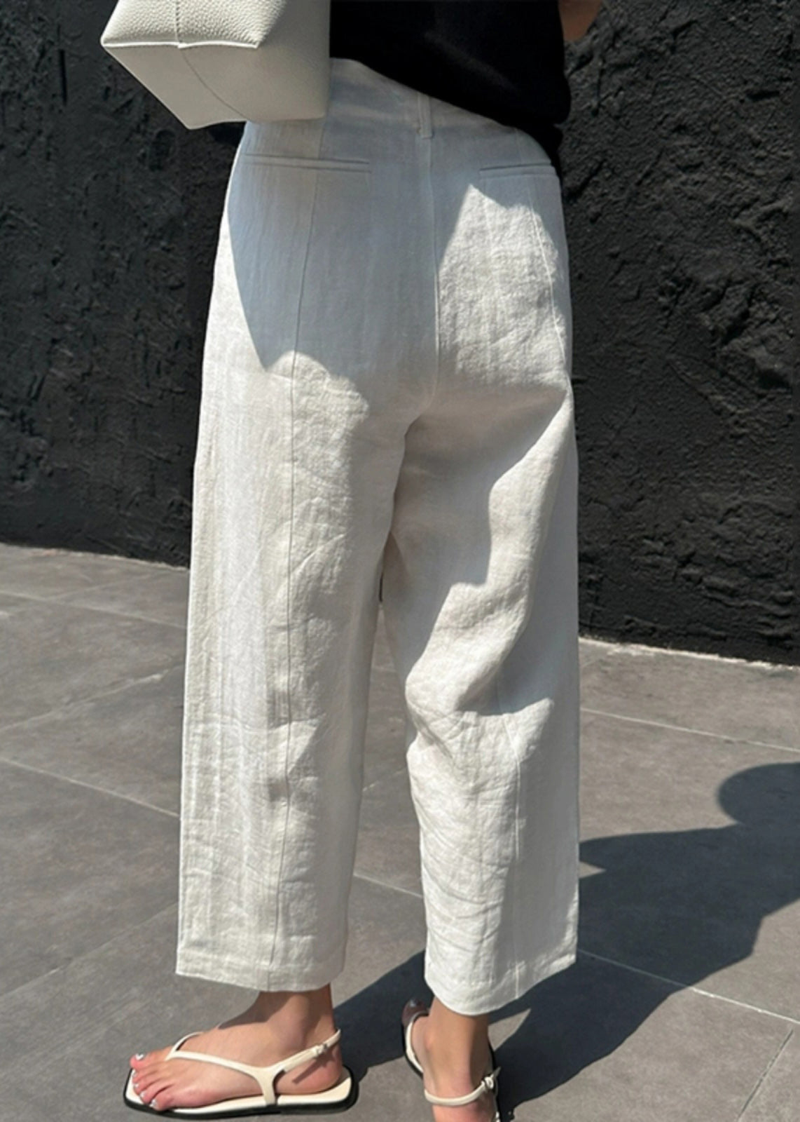 White Patchwork Pockets High Waist Linen Crop Pants Summer