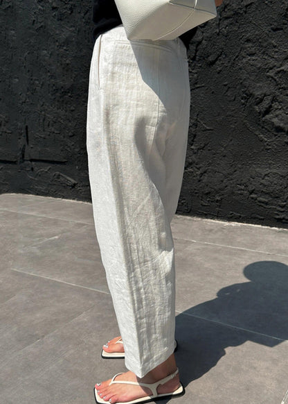 White Patchwork Pockets High Waist Linen Crop Pants Summer
