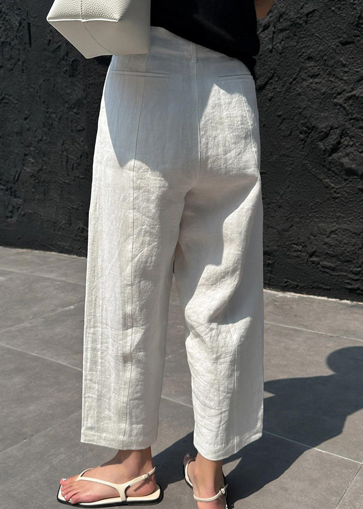 White Patchwork Pockets High Waist Linen Crop Pants Summer