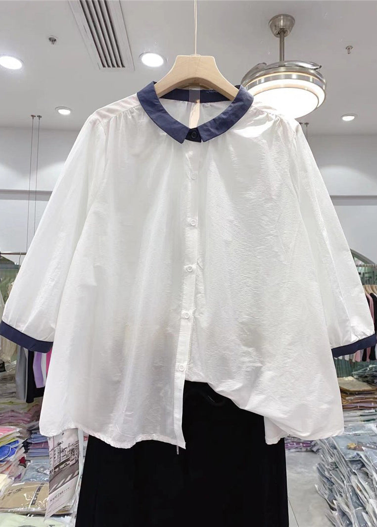 White Peter Pan Collar Cotton Shirts Bracelet Sleeve