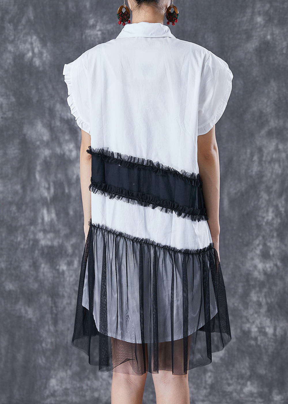 White Peter Pan Collar Patchwork Cotton Day Dress Petal Sleeve