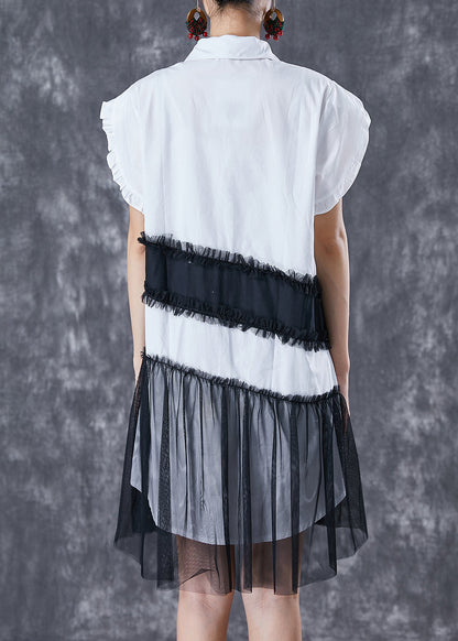 White Peter Pan Collar Patchwork Cotton Day Dress Petal Sleeve