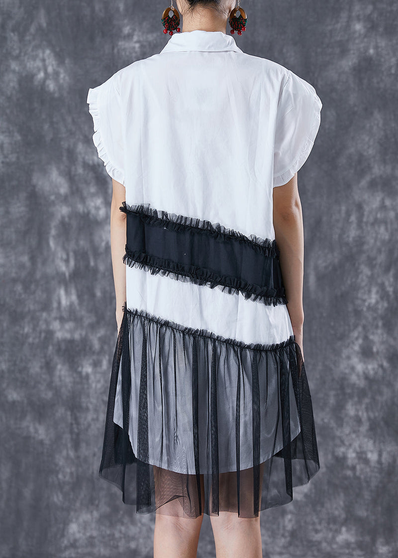 White Peter Pan Collar Patchwork Cotton Day Dress Petal Sleeve