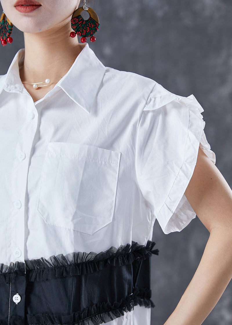 White Peter Pan Collar Patchwork Cotton Day Dress Petal Sleeve