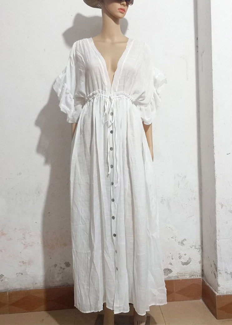 White Pleated Drawstring Party Long Dresses Summer