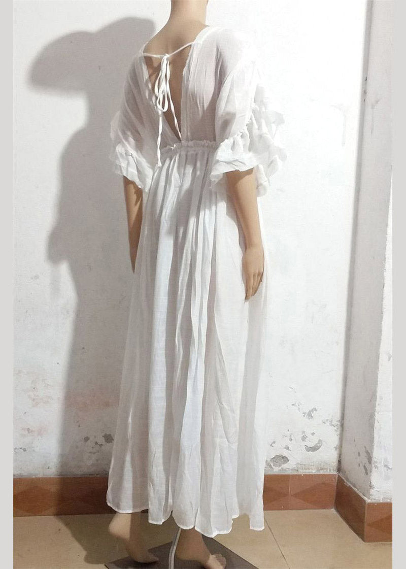White Pleated Drawstring Party Long Dresses Summer