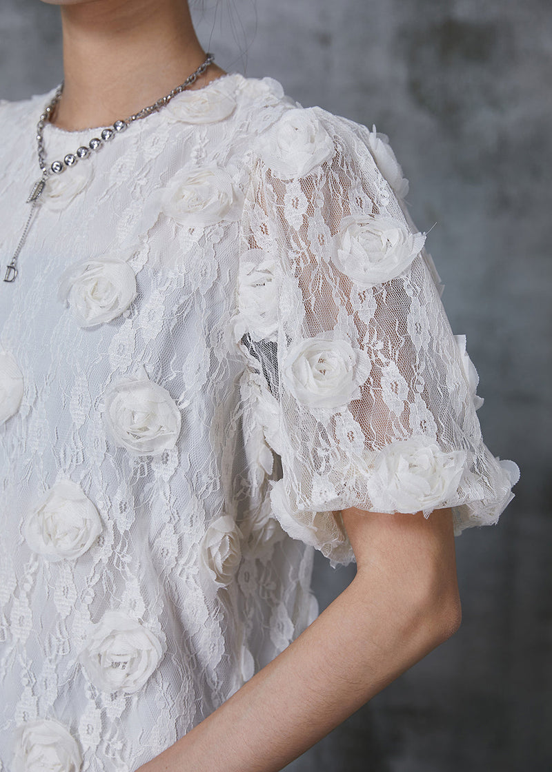 White Puff Sleeve Lace Shirts Summer