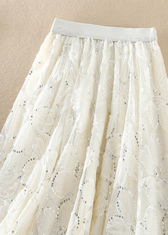 White Sequins Asymmetrical Design Tulle Skirts Spring