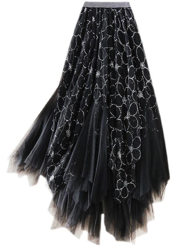 White Sequins Asymmetrical Design Tulle Skirts Spring