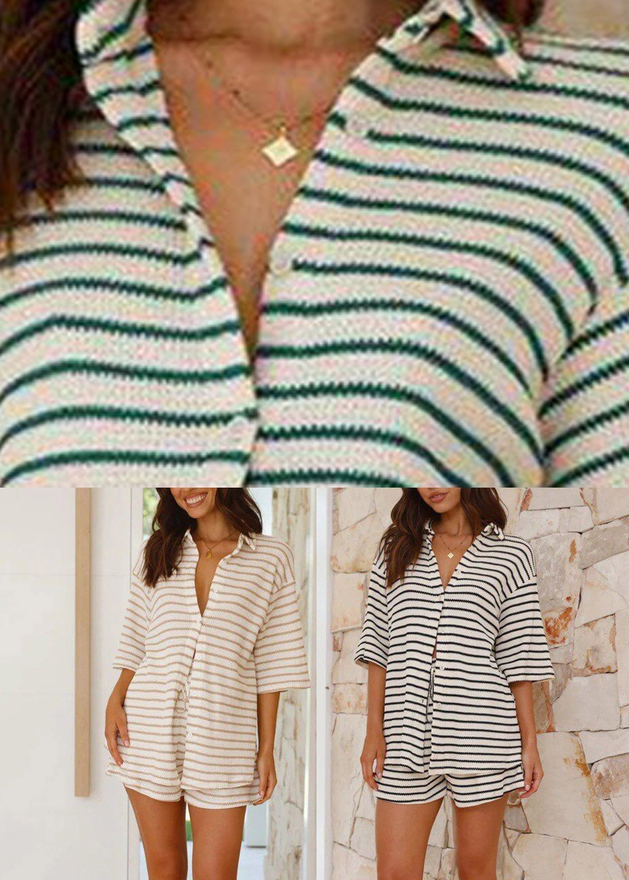 White Striped Peter Pan Collar Shirts and Shorts Two Pieces Set Summer