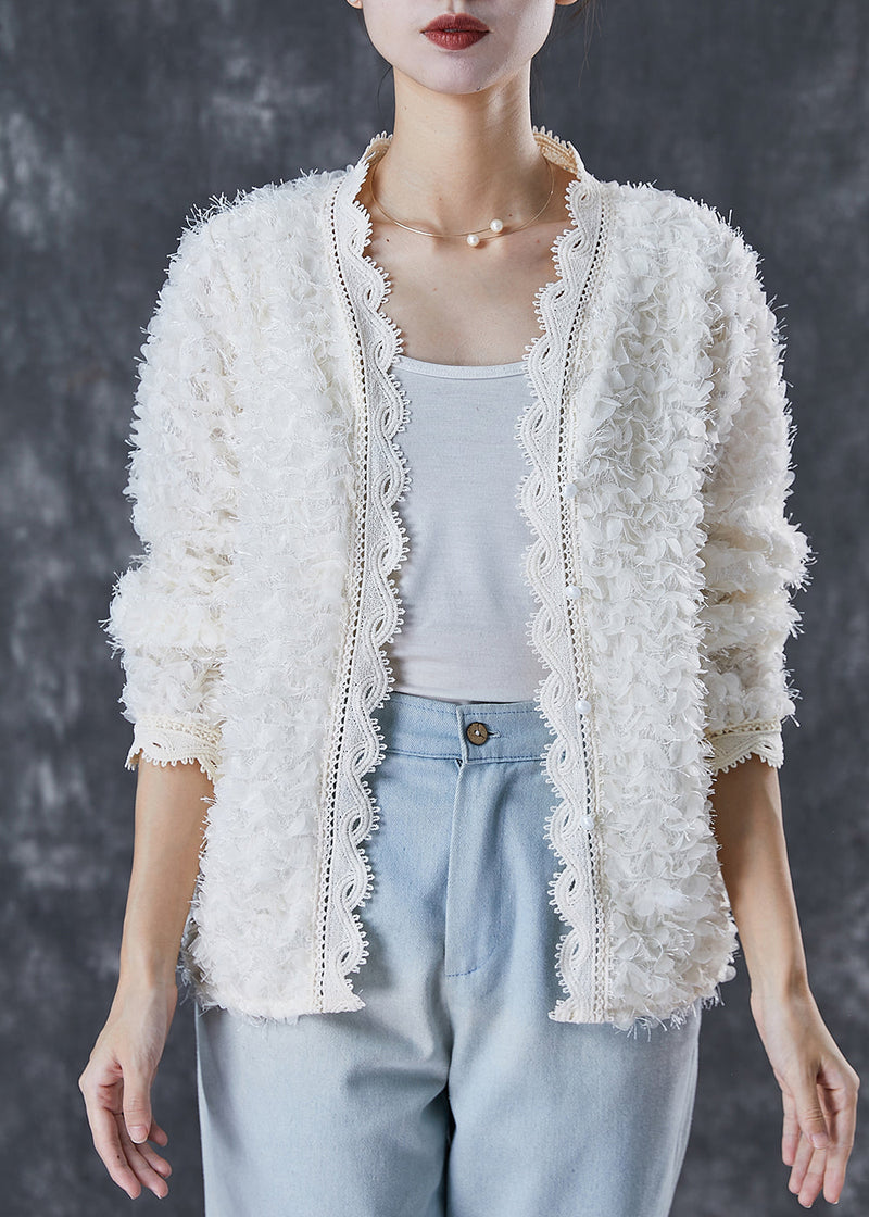 White Tasseled Patchwork Lace Knit Loose Coat Spring