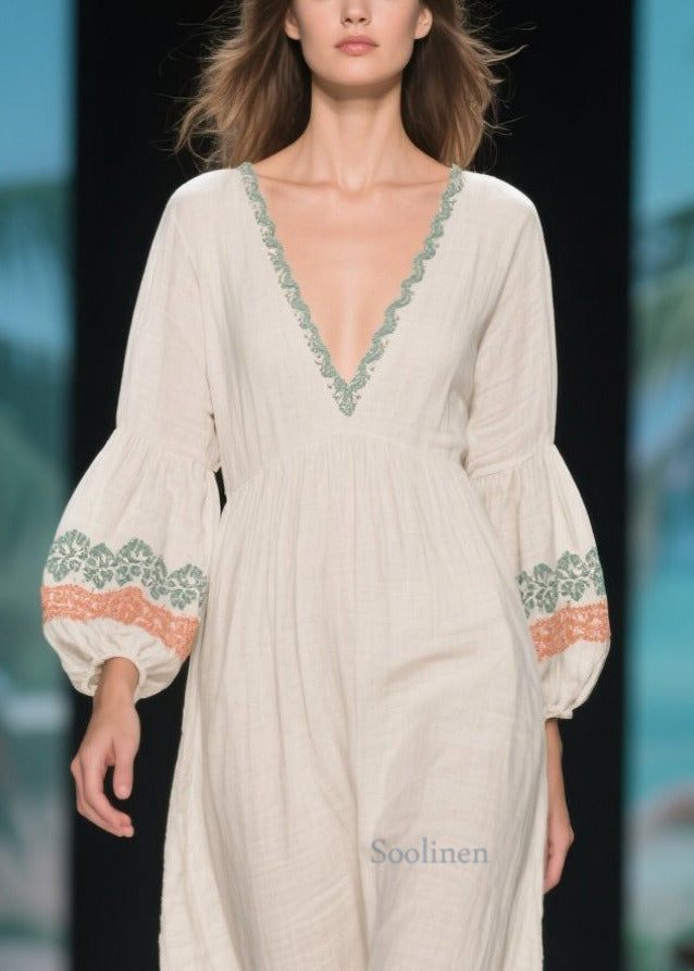 White V Neck Patchwork Linen Dress Lantern Sleeve