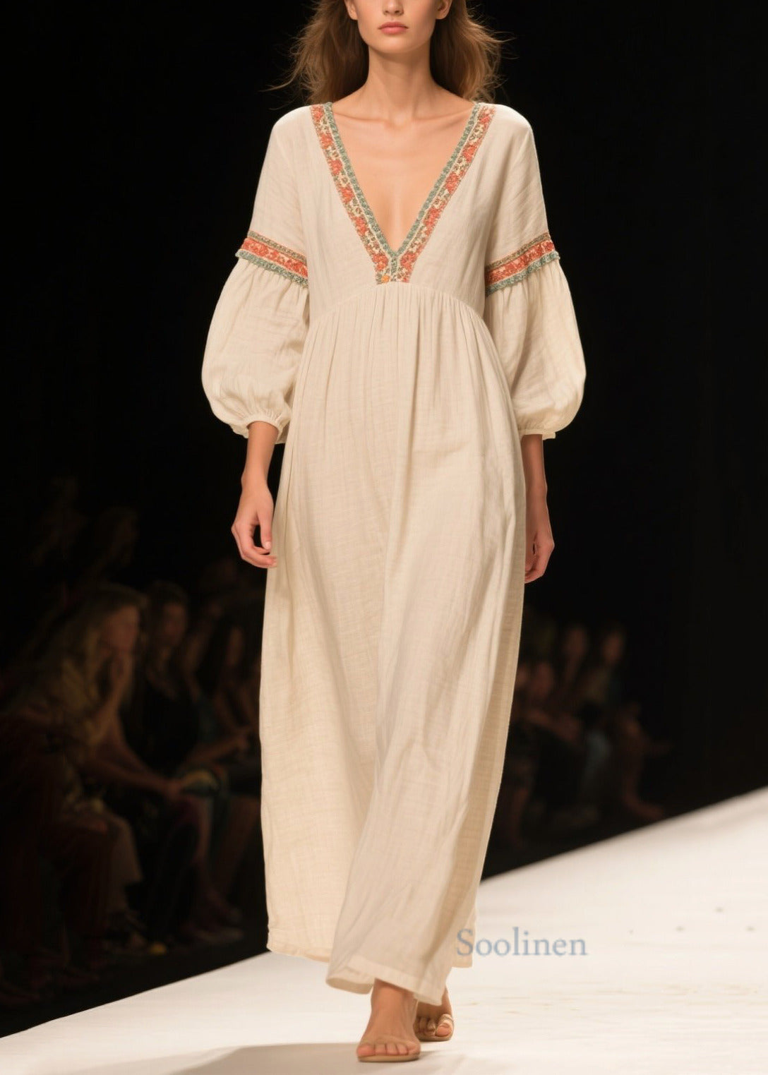 White V Neck Patchwork Linen Maxi Dresses Bracelet Sleeve