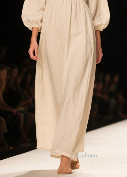 White V Neck Patchwork Linen Maxi Dresses Bracelet Sleeve