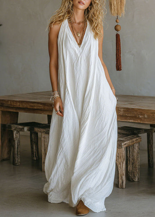 White V Neck Pockets Cotton Long Dress Sleeveless
