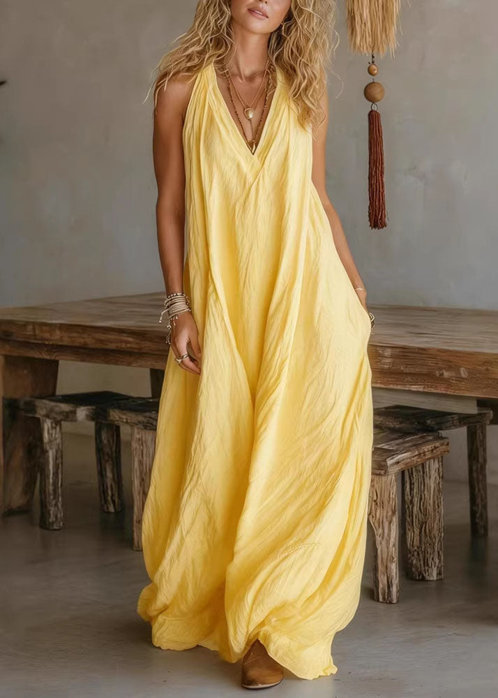 White V Neck Pockets Cotton Long Dress Sleeveless