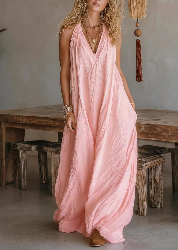 White V Neck Pockets Cotton Long Dress Sleeveless