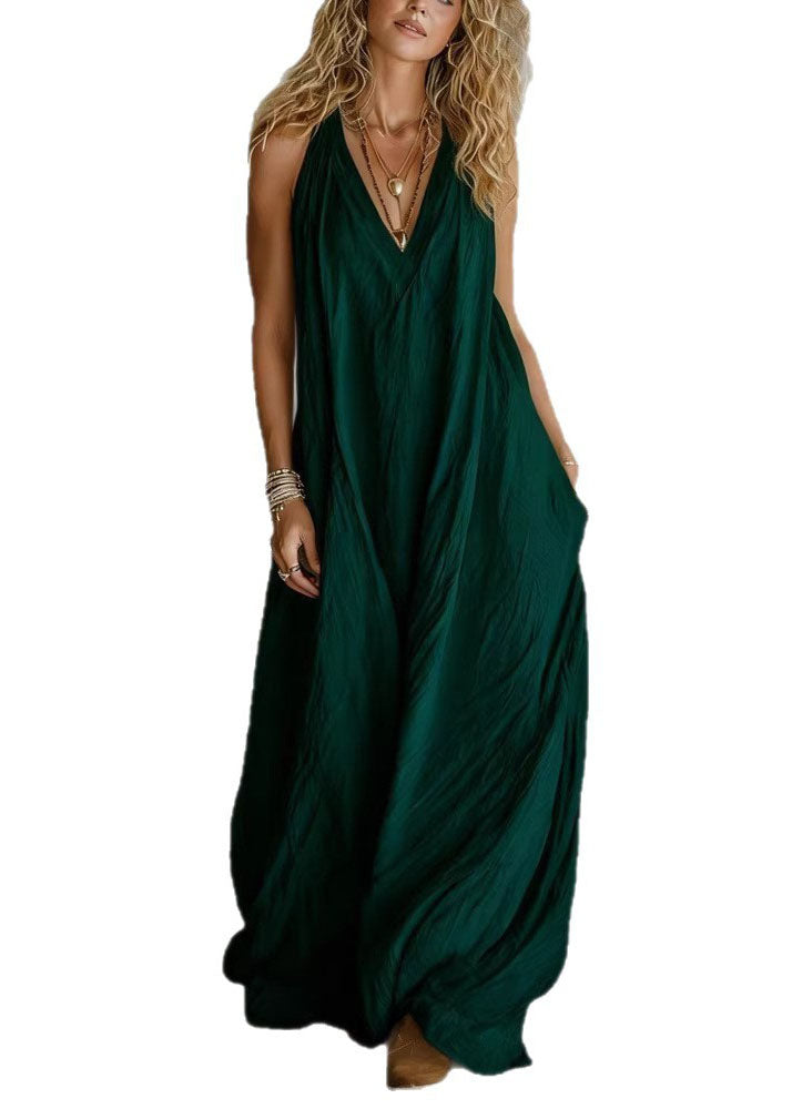 White V Neck Pockets Cotton Long Dress Sleeveless