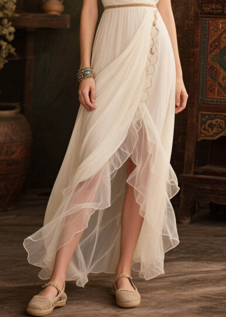 White V Neck Side Open Tulle Beach Dresses Summer