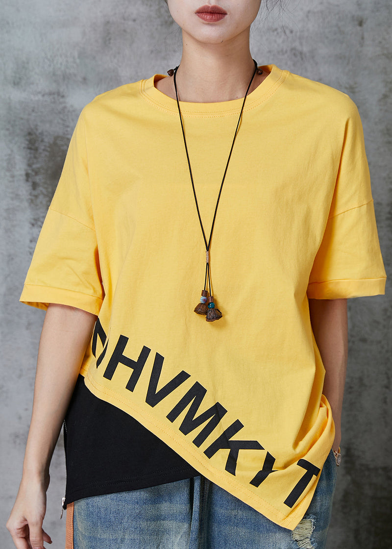Yellow Asymmetrical Patchwork Cotton Tank Tops Summer