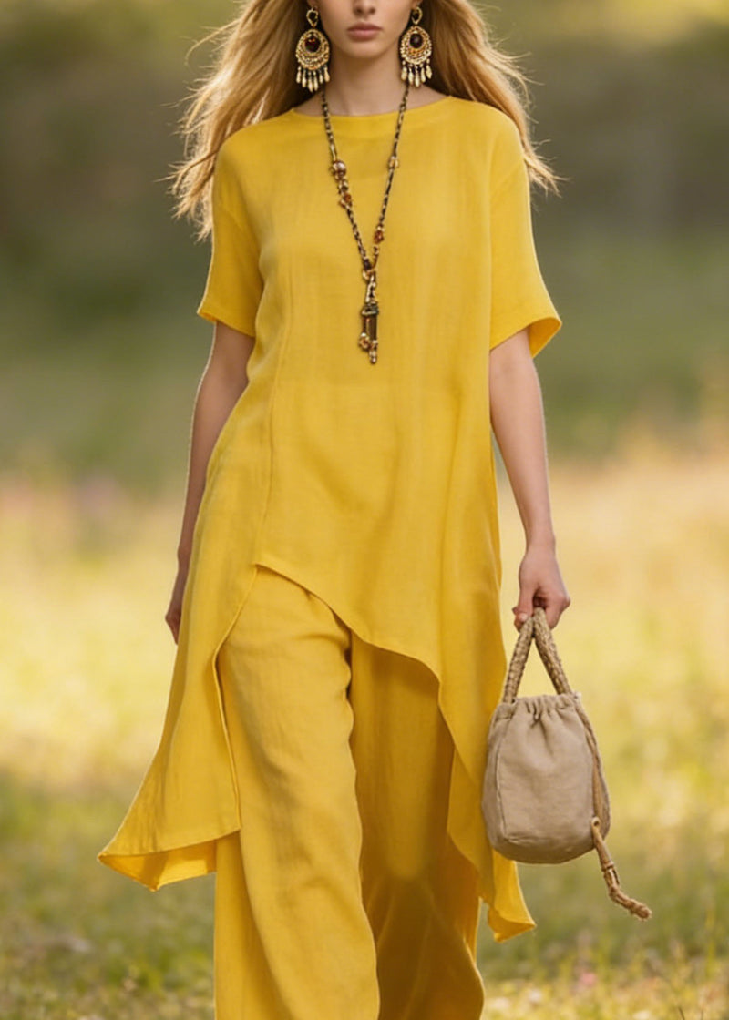 Yellow Asymmetrical Cotton Sets 2 Pieces Summer