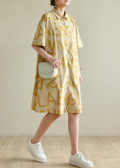 Yellow Cinched Peter Pan Collar Cotton Dress Graphic Dress