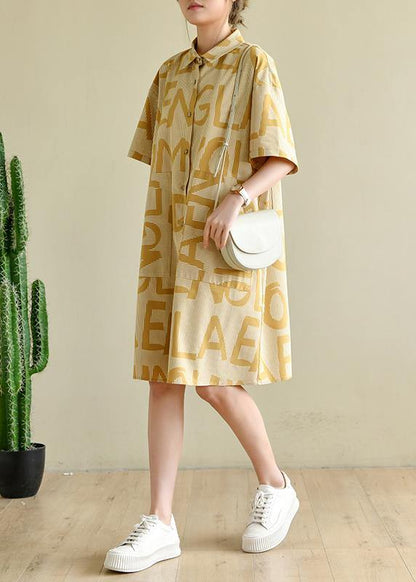 Yellow Cinched Peter Pan Collar Cotton Dress Graphic Dress