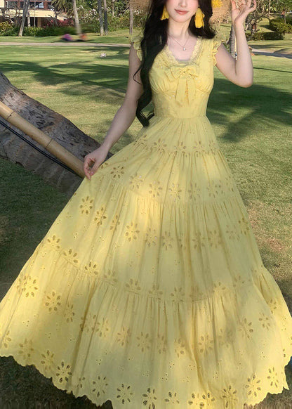 Yellow Embroidered Exra Large Hem Chiffon Holiday Dress Summer