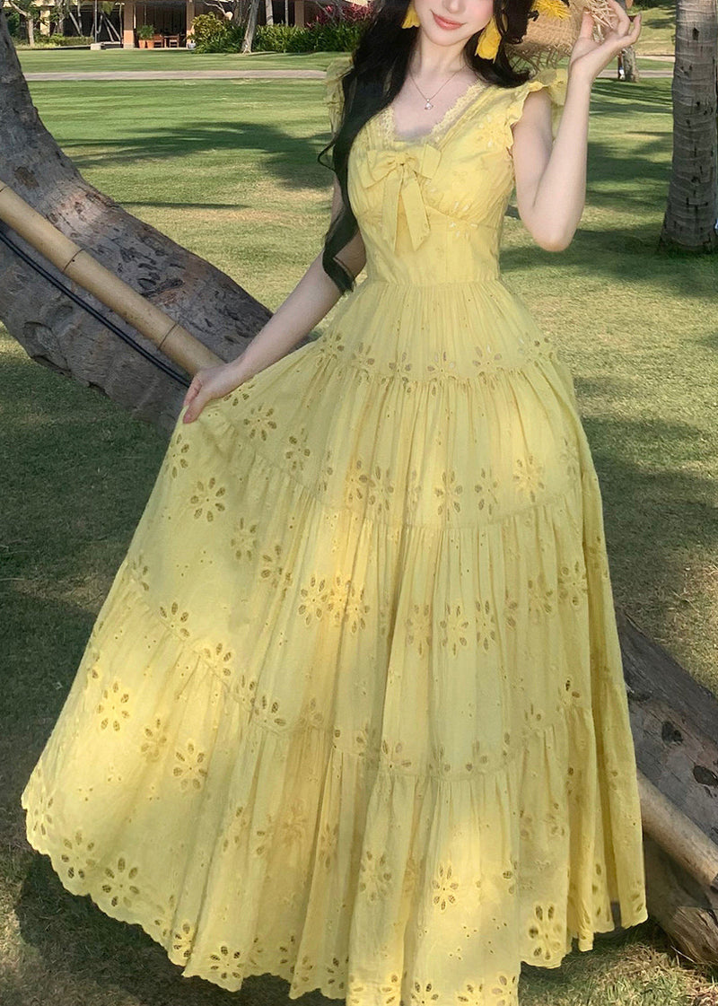 Yellow Embroidered Exra Large Hem Chiffon Holiday Dress Summer