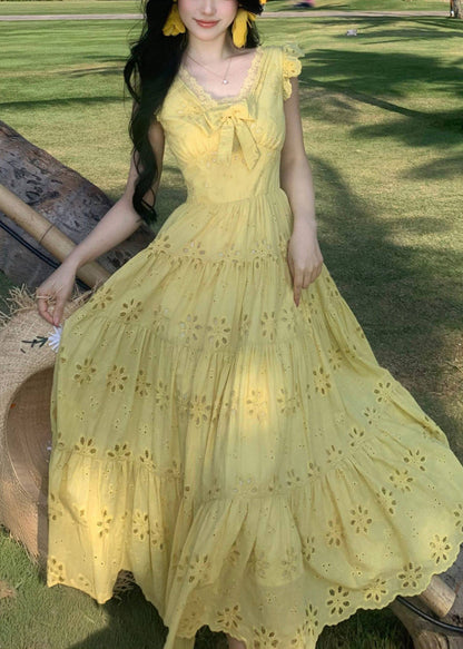 Yellow Embroidered Exra Large Hem Chiffon Holiday Dress Summer