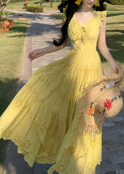 Yellow Embroidered Exra Large Hem Chiffon Holiday Dress Summer