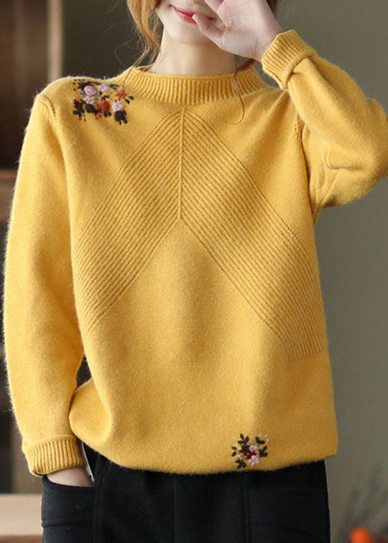 Yellow Embroideried Knit Sweater Winter