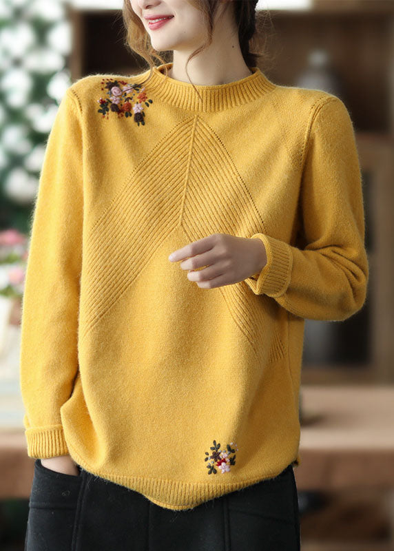 Yellow Embroideried Knit Sweater Winter
