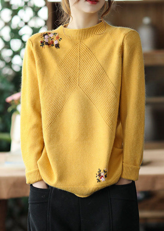 Yellow Embroideried Knit Sweater Winter