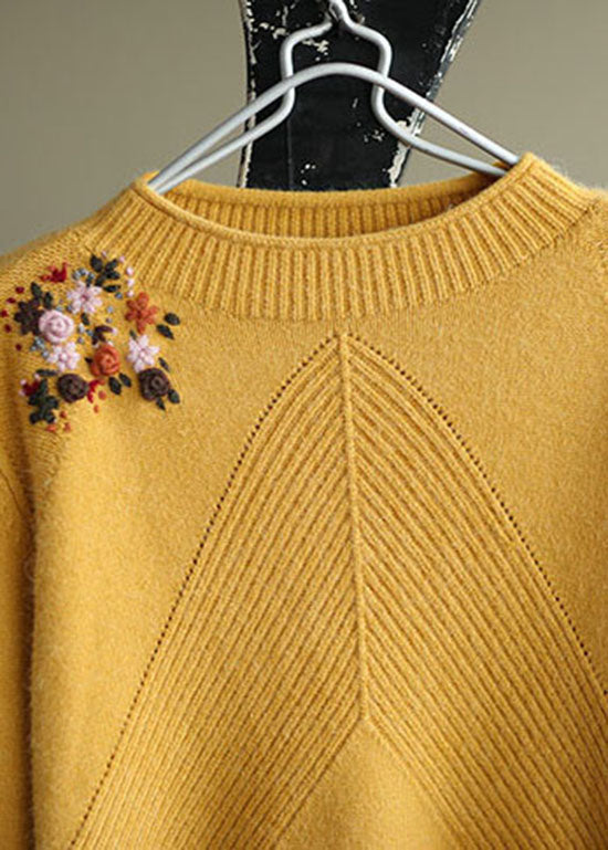 Yellow Embroideried Knit Sweater Winter