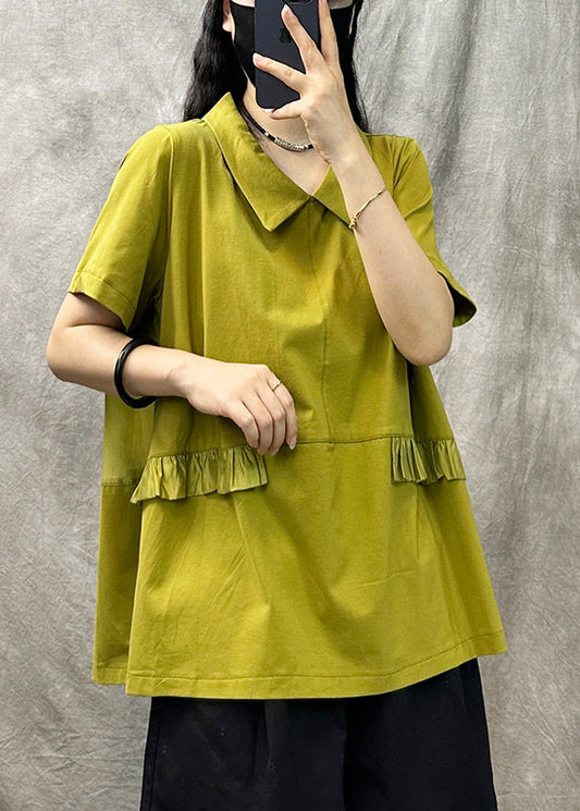 Yellow Green Square Collar Ruffled Patchwork T Shirt Summer