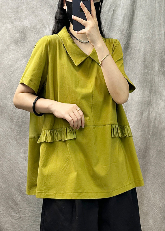 Yellow Green Square Collar Ruffled Patchwork T Shirt Summer