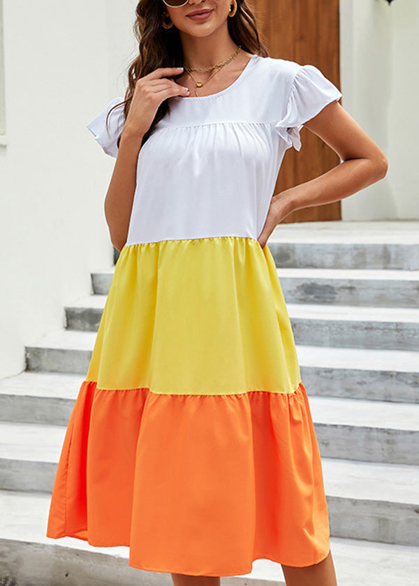 Yellow O Neck Patchwork Cotton Dress Summer