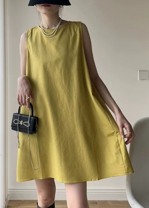 Yellow O Neck Patchwork Cotton Mid Dresses Sleeveless