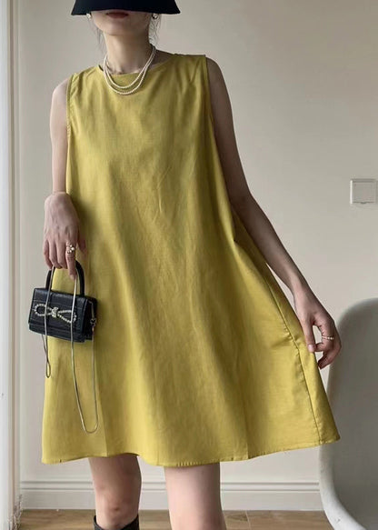 Yellow O Neck Patchwork Cotton Mid Dresses Sleeveless