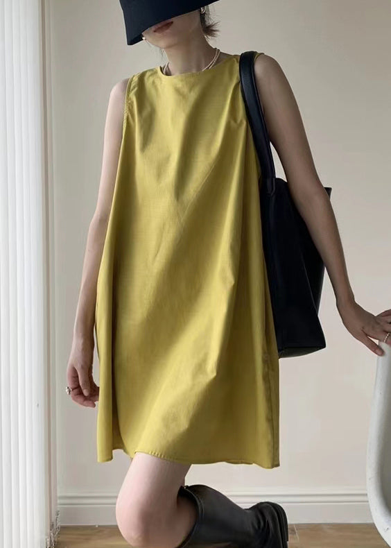 Yellow O Neck Patchwork Cotton Mid Dresses Sleeveless