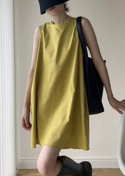 Yellow O Neck Patchwork Cotton Mid Dresses Sleeveless