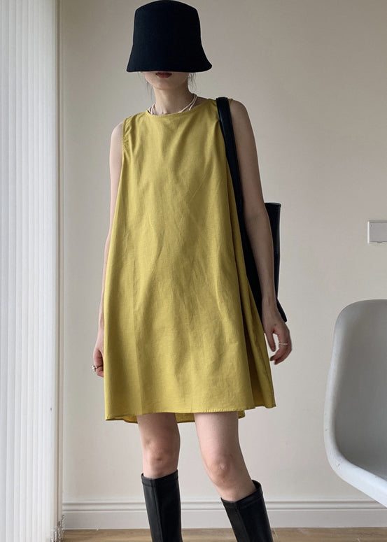 Yellow O Neck Patchwork Cotton Mid Dresses Sleeveless