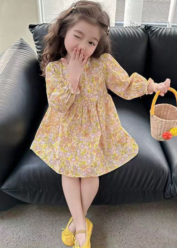 Yellow O-neck Print Mid Dress Long Sleeve