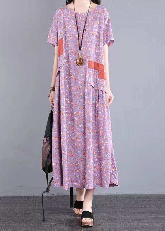 Yellow O Neck Print Patchwork Cotton Long Dresses Summer